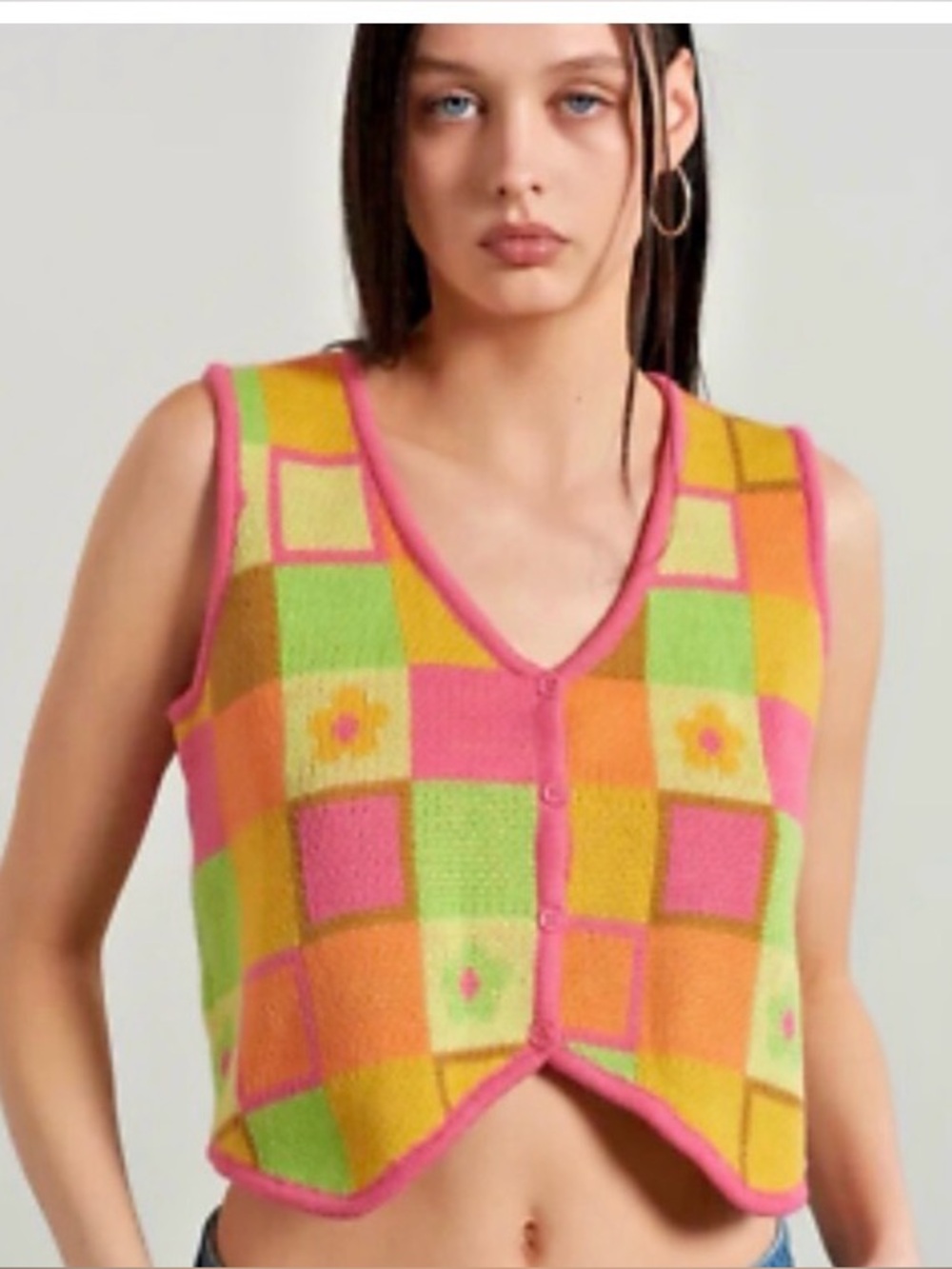 THE RAGGED PRIEST CROPPED FLORAL KNIT PATCHWORK MULTI COLOR VEST WOMENS SZ SMALL
